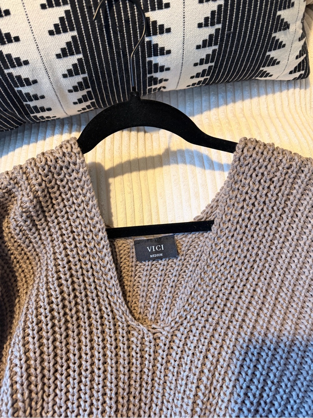 VICI Taupe Oversized V-Neck Chunky Knit Sweater - Picture 2 of 3